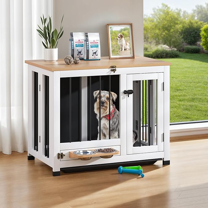 31.5" Dog Crate - Wooden Dog Cage with Removable Tray & 360° Rotating Feeder | Indoor Decorative Dog Kennel Furniture | Multi-Functional Pet End Table for Medium & Small Dogs, Light Walnut