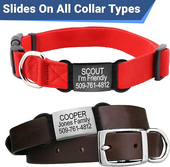 GoTags Quiet Slide On Pet ID Tags for Dogs and Cats, Silent Jingle Free Personalized Engraved Custom Stainless Steel Name Tags, Small Medium Large and 4 Color Options, Fits Most Collar Types