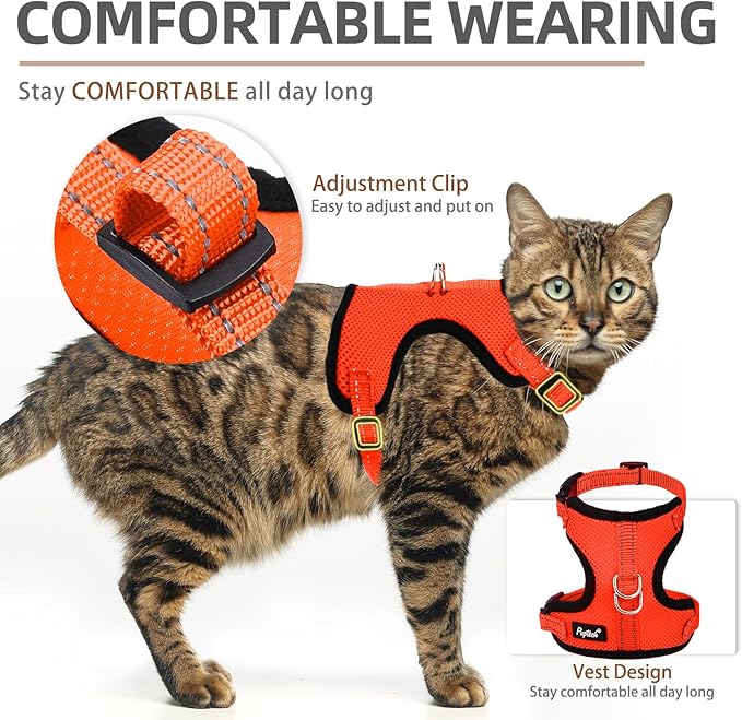 PUPTECK Cat Harness and Leash Set Escape Proof, Reflective Adjustable Soft Mesh Kitten Vest Harness for Walking Travel, Orange, M