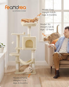 Feandrea Cat Tree, 44.1-Inch Cat Tower for Indoor Cats, Multi-Level Cat Condo with 4 Scratching Posts, 2 Perches, Hammock, Cave, Beige UPCT261M01