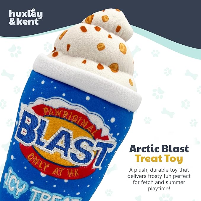 Huxley & Kent Funny Dog Toy w/Squeaker – Power Plush Squeaky Dog Toys for Small, Medium & Large Dogs – Soft Stuffed Animal for Indoor Play & Fetch - Arctic Blast Treat, Small