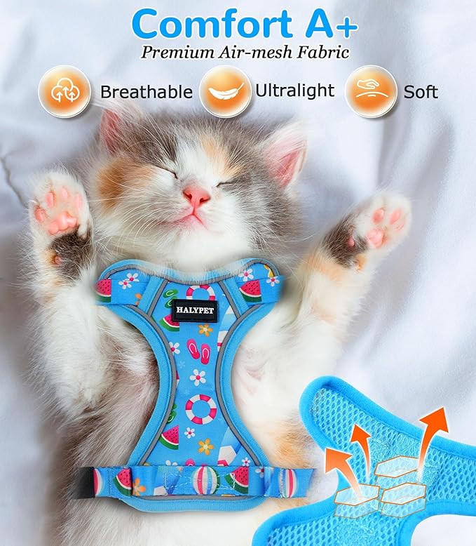 Halypet Cat Harness and Leash Set for Walking, Escape Proof Adjustable Vest Harness with 3-in-1 Integrated Buckles, Easy Control Soft Breathable Mesh with Reflective Strips for Cats, S, Ocean Blue