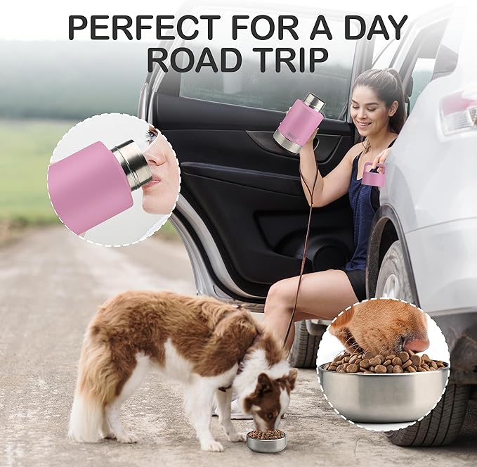 Insulated Dog Travel Water Bottle With Detachable Bowls, 3 In 1 Portable Dog Water Bottle Dispenser, Dog Accessories For Walking, Hiking, Camping, Outdoor (Pink-purple, 32 Oz)