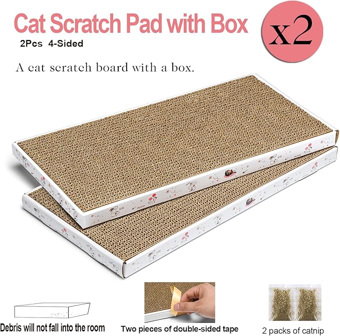 Cat Scratcher Cardboard with Box Durable Corrugate Scratching Kitty Sofa Lounge Bed Reversible Catnip Included for Indoor Cats, Scratching Pad, Can be Assembled, Double-Sided Design, Large (Box,2pcs)