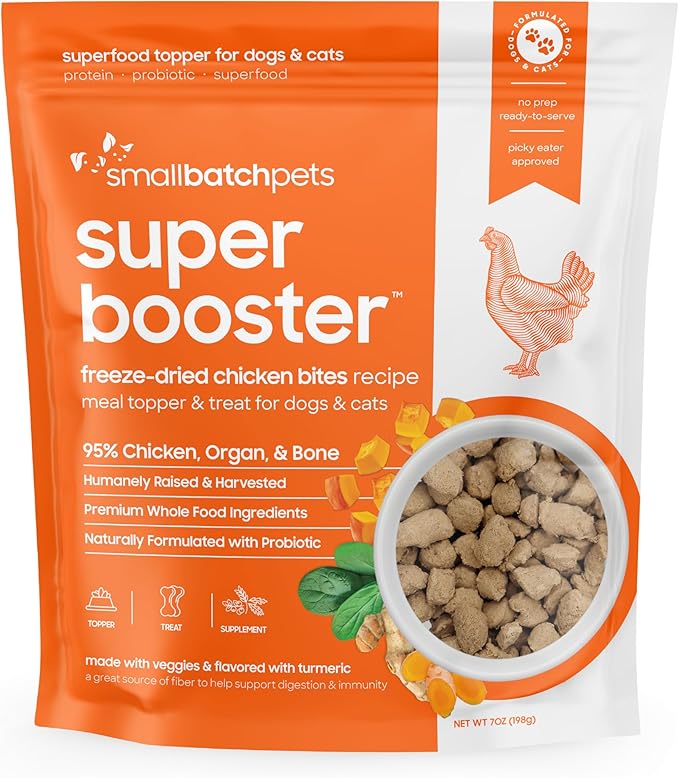 smallbatch Freeze Dried Dog Treats, Superfood Food Topper Chicken Bites for Dogs & Cats, Probiotics, Organic Ingredients, High Protein, Grain Free Healthy Treat Food Topper, Made in The USA, 7 oz Bag
