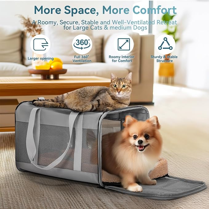Petsfit Travel Pet Carrier for Large Cats (up to 20 lbs), Soft-Sided Dog Car Travel Carrier with Patented Buckle and Soft Padding, Ideal for Car Road Trips,19X12X12 Inch,Grey