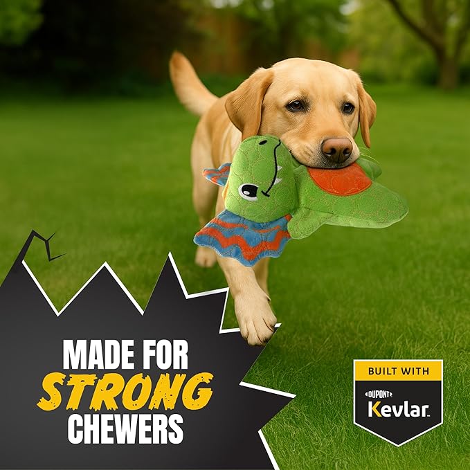 Bite Force - Durable & Strong Dog Toy Green Dino with Squeaker, Kevlar-Reinforced for Aggressive chewers.