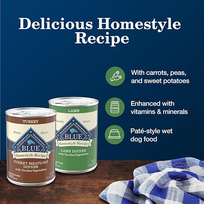 Blue Buffalo Homestyle Recipe Adult Wet Dog Food, Made with Natural Ingredients, Turkey and Lamb Dinner Variety Pack, 12.5-oz Cans (6 Count, 3 of Each)