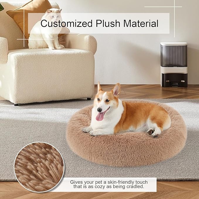 Dog Bed, Cat Calming Bed, Faux Fur Pillow Pet Donut Cuddler Round Plush Bed for Large Medium Small Dogs and Cats (44"x44"(Pack of 1), Camel)