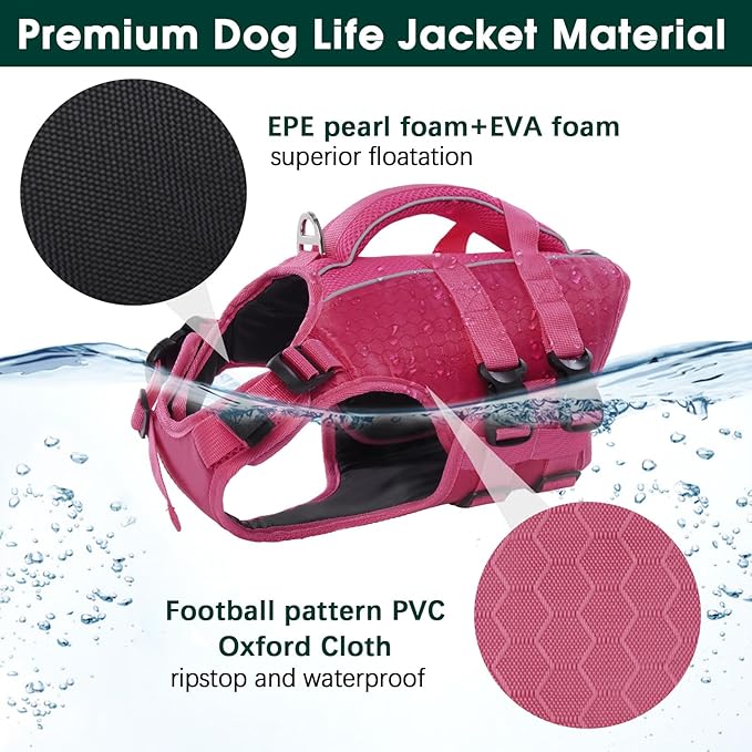 Kuoser Dog Life Jacket High Flotation, Reflective Dogs Life Vest for Swimming Boating, Adjustable Small Medium Large Dog lifejacket, Lightweight Dogs Life Preserver Rescue Handle Spring Summer Pool