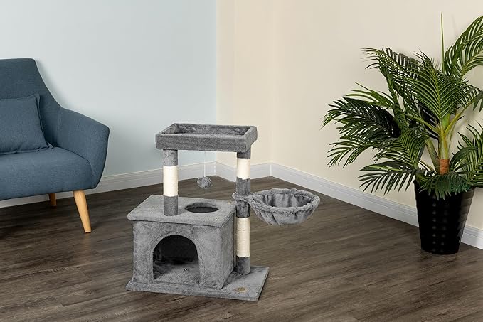 Go Pet Club Everyday Value 26in Cat Tree Tower Cat Condo Comfy Large Perch, Scratching Posts, Dangling Ball, Cat Play Tower for Cats and Kittens, Gray