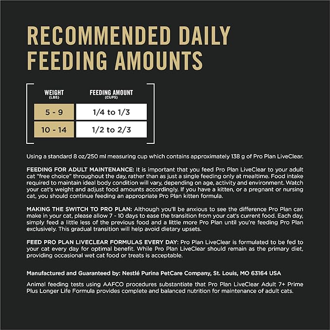 Purina Pro Plan LiveClear Senior Cat Food 7+ Cat Allergen Reducer Prime Plus Chicken and Rice Formula - 3.2 lb. Bag