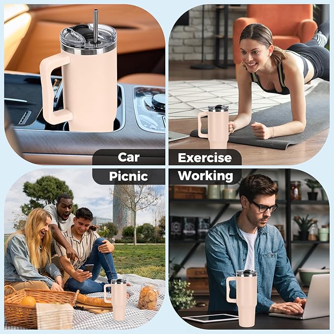40 oz Tumbler with Handle and Straw Lid Insulated Cup Stainless Steel Water Bottle Travel Mug Gifts for Women Men Kids Trek Collection Thermoses Apricot