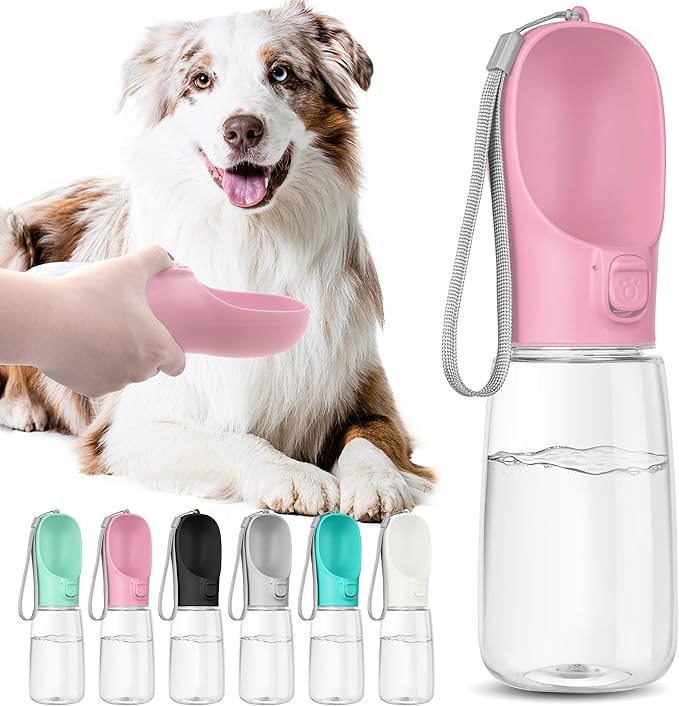 Portable Dog Water Bottle with Bowl, Leak Proof, Convenient for Walking, Hiking and Camping (Pink, 19oz)