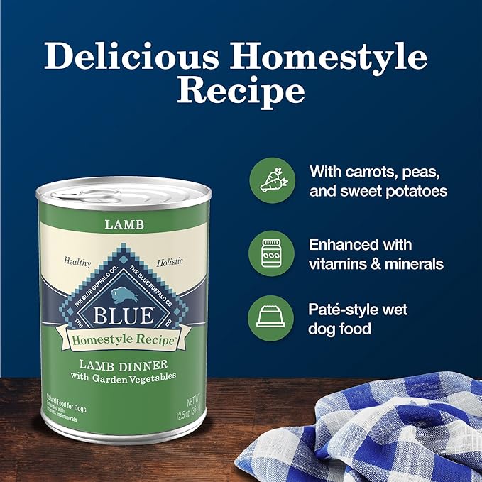Blue Buffalo Homestyle Recipe Adult Wet Dog Food, Made with Natural Ingredients, Lamb Dinner With Garden Vegetables, 12.5-oz Can (Pack of 12)