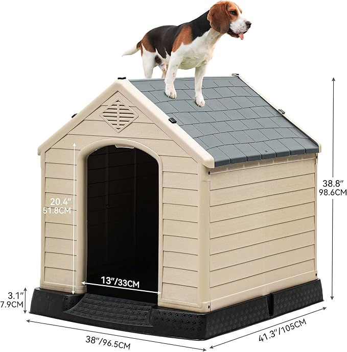 YITAHOME Large Plastic Dog House Outdoor Indoor Doghouse Puppy Shelter Water Resistant Easy Assembly Sturdy Dog Kennel with Air Vents and Elevated Floor