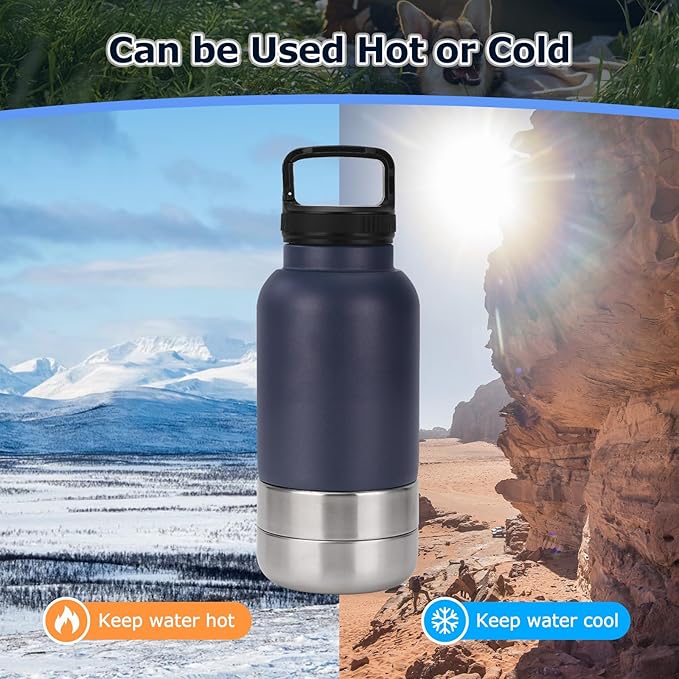 Dog Water Bottle, 3 in 1 Portable Insulated Pet Travel Water Bottle with 2 Detachable Water Bowl, Stainless Steel Travel Water Bottles for Dogs, 6-12H Insulation Dogs Travels Food and Water Container