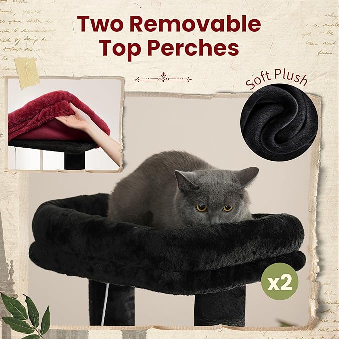 80.7''(205cm) Cat Tree for Indoor Cats, Large Cat Tower for Multi Adult Cats, Cat Tree House with Big Hammock, 2 Top Perches/Cat Condos/Baskets, 8 Scratching Posts, Black(Gothic) GCT034BR