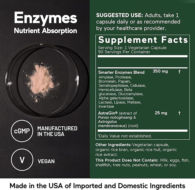 Smarter Nutrition Vegan Digestive Enzymes - Digestion Bloating & Gut Health Support with 16 Multi Enzymes for Nutrient Absorption & Meal Time Comfort for Both Men & Women - 90 Count[30-Day Supply]