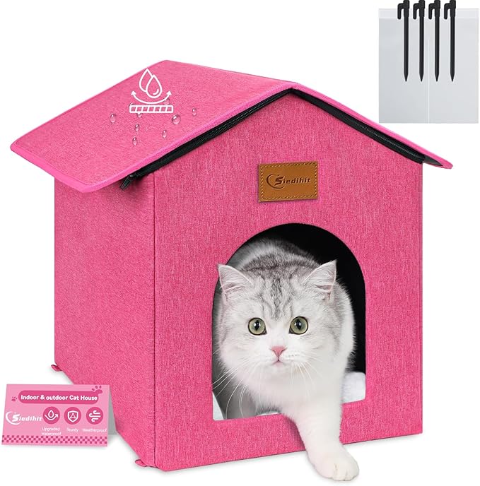 Outdoor Cat House for Shelter Feral Cat, Outside Waterproof Cat House for Outdoor/Indoor Cats, Insulated Cat Bed for All Seasons with Cozy Cushion (Rose Pink, Zip Style)
