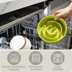 Ceramic Slow Feeder and Water Bowl Set for Small Dogs, Ceramic Dog Bowls Elevated with Wooden Stand, 0.6 Cups Dog Slow Feeder(14oz) and 30oz Water Bowl Set, Green