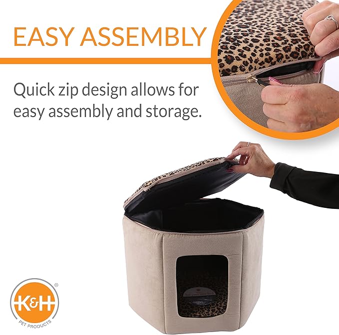 K&H Pet Products Thermo-Kitty Sleephouse Cat Cave - Energy Efficient Safety Listed Heated Cat Bed for Indoor Cats Tan/Leopard 17 X 15 X 13 Inches