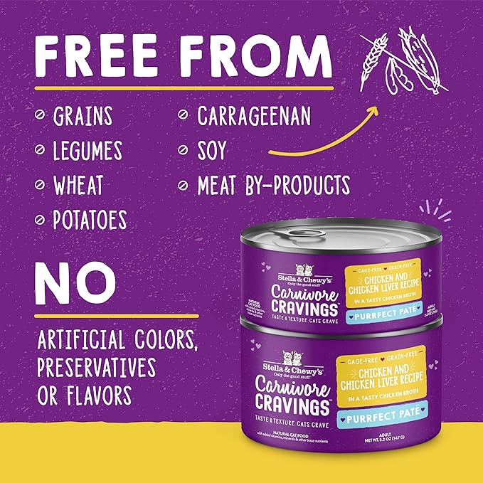 Stella & Chewy's Carnivore Cravings Purrfect Paté - Premium Grain-Free Wet Cat Food - Chicken & Liver Recipe - High Protein with Bone Broth - Perfect for Picky Eaters - 2.8oz Cans (24 Pack)