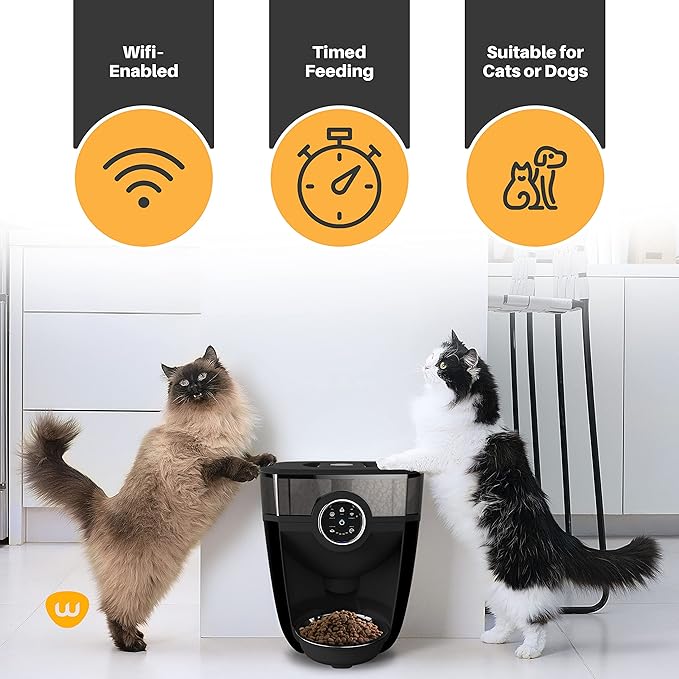 Feeder-Robot by Whisker, Black with Smoke-Grey Hopper; Includes Backup Battery; Smart, Automatic Pet Feeder, Feed Your Cat or Dog from Anywhere, Designed & Assembled in USA