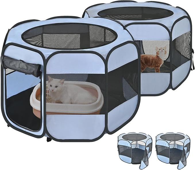 2-in-1 Cat Playpens, Detachable into 2 Separate Playpens with Additional 2 Doors, Portable Dog Playpen Cat Tent Enclosure for Kitten and Puppy Indoor Outdoor Use(S)