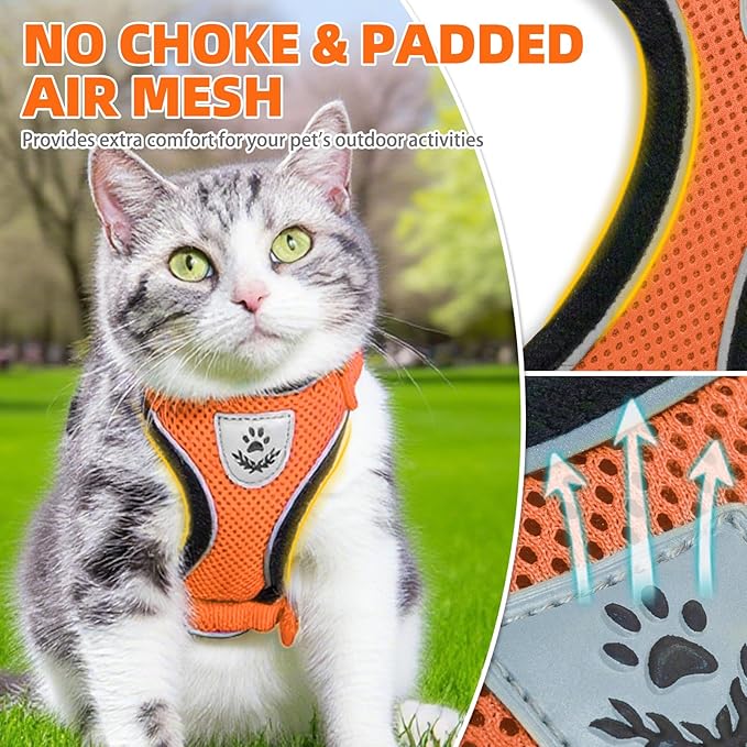 PUPTECK Cat Harness and Leash Set Escape Proof Reflective Cat Walking Harness Adjustable Soft Breathable Mesh Vest for Small Pets, Orange, M