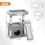 PEQULTI Small Cat Tree Tower for Large Adult Cats with Wide Top Perch, Private Cat Condo and Sisal Scratching Post&Pad for Indoor Cats, Gray