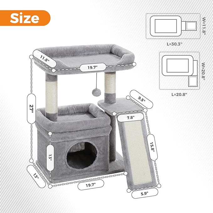 PEQULTI Small Cat Tree Tower for Large Adult Cats with Wide Top Perch, Private Cat Condo and Sisal Scratching Post&Pad for Indoor Cats, Gray