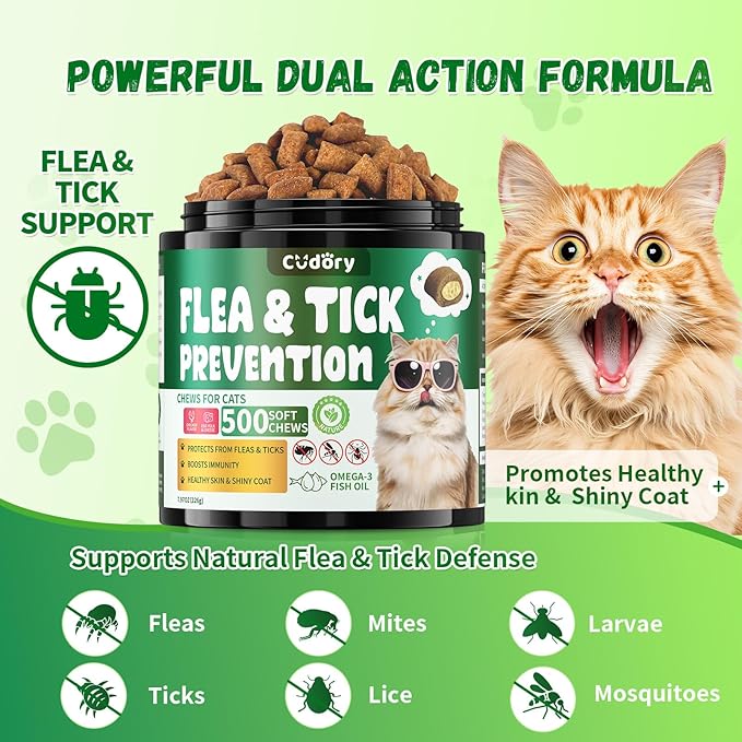 Flea and Tick Prevention for Cats – 500 Crunchy & Creamy Chews, Cat Flea Chewables with Skin & Coat Support – Oral Supplement for All Breeds & Ages – Natural Chicken Flavor