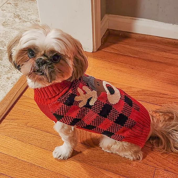 KYEESE Dog Christmas Sweater Reindeer Small Dogs Christmas Sweater Red Buffalo Check with Leash Hole Pet Sweater with Dog Christmas Outfit Pet Clothes,M