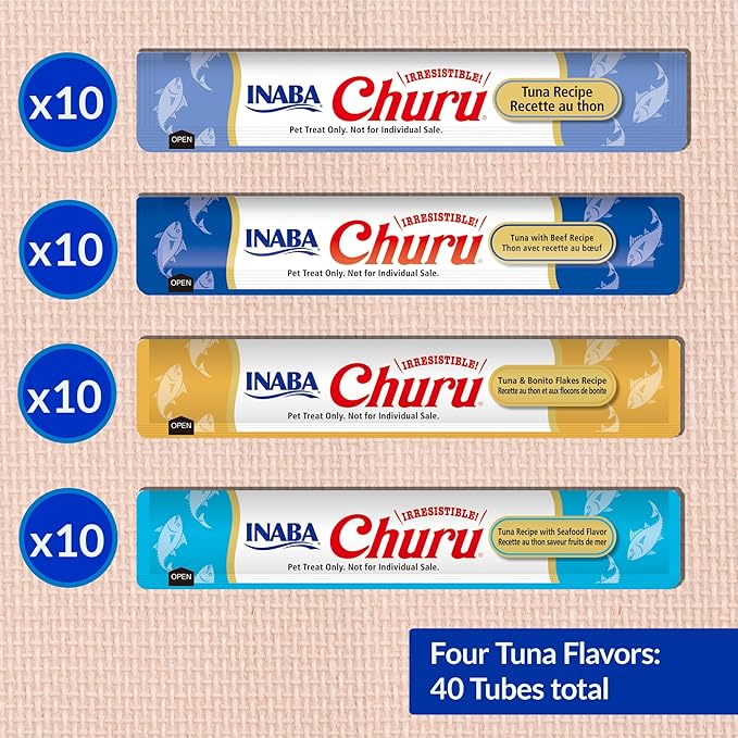 INABA Churu Cat Treats, Grain-Free, Lickable, Squeezable Creamy Purée Cat Treat/Topper with Vitamin E & Taurine, 0.5 Ounces Each Tube, 40 Tubes, Tuna Variety Box