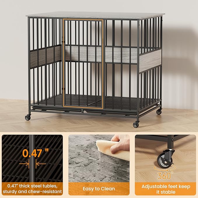 Dog Crate Furniture for Large Dogs, 42 Inch Indoor Large Kennel, Wooden Pet Cage Decorative Corner End Table with Caster Wheels & Double Removable Tray, Greige