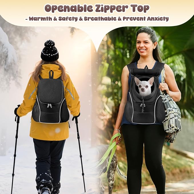 WOYYHO Pet Dog Carrier Backpack with Top and Side Windows, Small Dog Front Backpack Ventilated Dog Back Pack with Safety Belt for Travel Hiking Outdoor Adventures (Size M: 5-9 lbs, All Black 2.0)