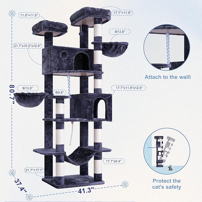 80.7''(205cm) Cat Tree for Indoor Cats, Large Cat Tower for Multi Adult Cats, Cat Tree House with Big Hammock, 2 Top Perches/Cat Condos/Baskets, 8 Scratching Posts, Smoky Gray GCT034G