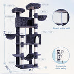 80.7''(205cm) Cat Tree for Indoor Cats, Large Cat Tower for Multi Adult Cats, Cat Tree House with Big Hammock, 2 Top Perches/Cat Condos/Baskets, 8 Scratching Posts, Smoky Gray GCT034G