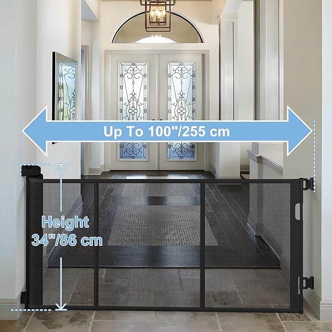 100″ Retractable Baby Gate – 34″ Tall Extra Wide Mesh Safety Gate for Open Floor Plans, Wide Doorways – Baby and Pet Barrier for Indoor Outdoor Use, White