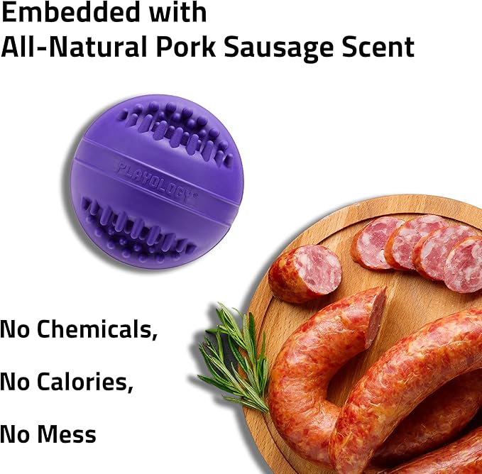 Playology Dog Toys | Dental Chew Ball Gentle on Gums | Jumbo Pork Sausage Scented Toy - Easy to Clean and Made from Non Toxic Materials