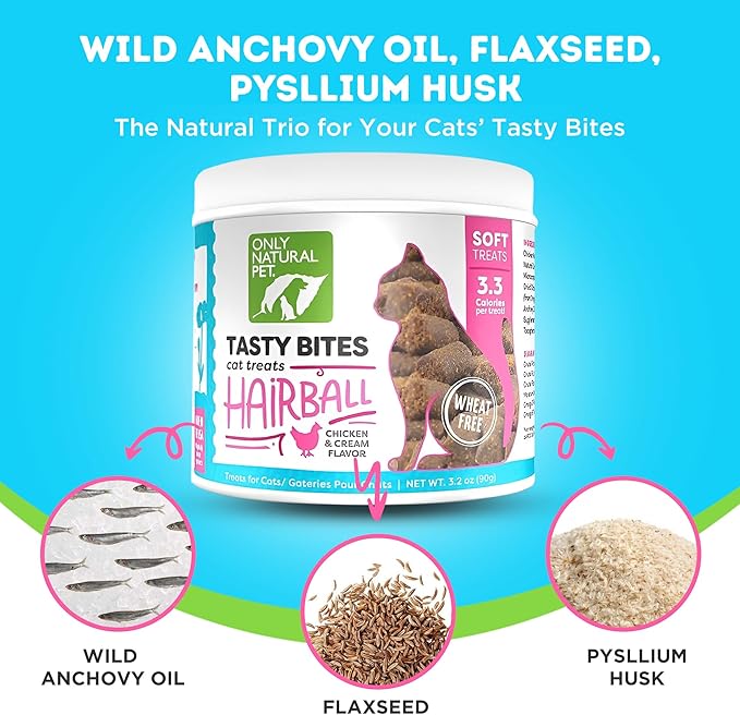 Only Natural Pet Hairball Care - Healthy Skin and Coat Support - Soft Chews for Cats – Digestive Supplement with Flaxseed, Psyllium Husk and Corn Silk – Chicken and Liver Flavor – 60 Count