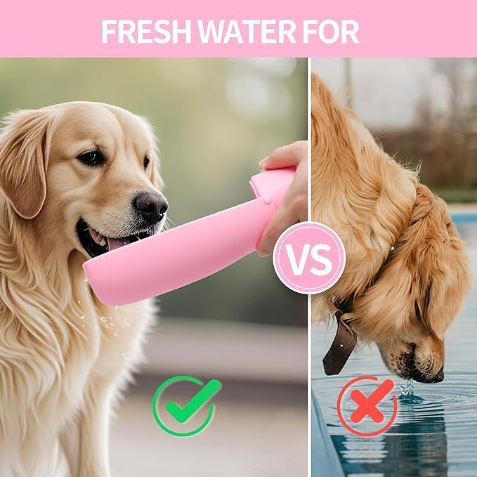 Dog Water Bottle, Leak Proof Portable Puppy Water Dispenser, Travel Puppy Water Bowl, Foldable Transparent Dog Water Bottle for Pets Outdoor Walking, Hiking, Travel, Food Grade Plastic - 19oz Pink