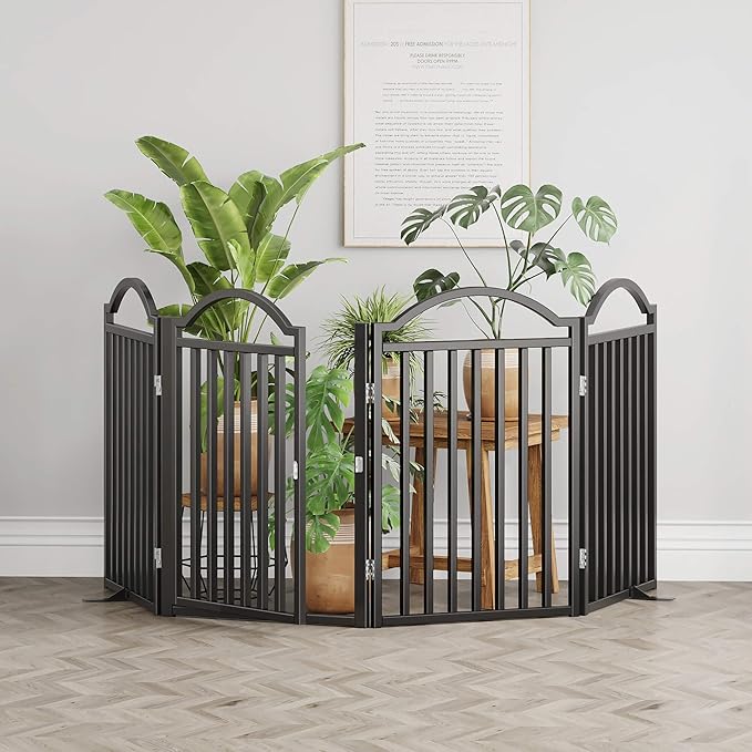 UDD Metal Folding Dog Gate Indoor 96" Extra Wide, 32" Tall Foldable Pet Gate with Door for Stairs Doorways Hallways Porch, Freestanding No Drilling Pet Fence for Dogs Puppy, Black 4-Panel