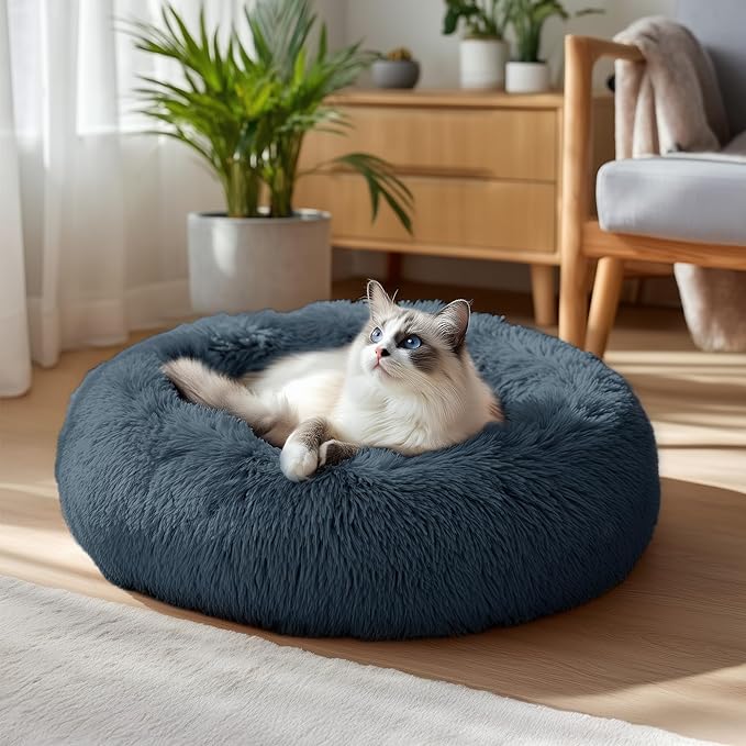 Deconovo Calming Donut Dog Bed, Washable Plush Round Pet Bed for Small Dogs & Cats with Raised Rim, Non-Slip Base and Soft Faux Fur—Lightweight, Easy-Care Design Dark Grey 25" L x 25" W x 8" Th
