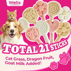 Wellix Freeze Dried Dog&Cat Treats - High Protein Chicken Recipe Lollipop Cat Treats - Three Flavors (Cat Grass, Dragon Fruit, Goat Milk) - Low Calorie Training Treats 21pcs