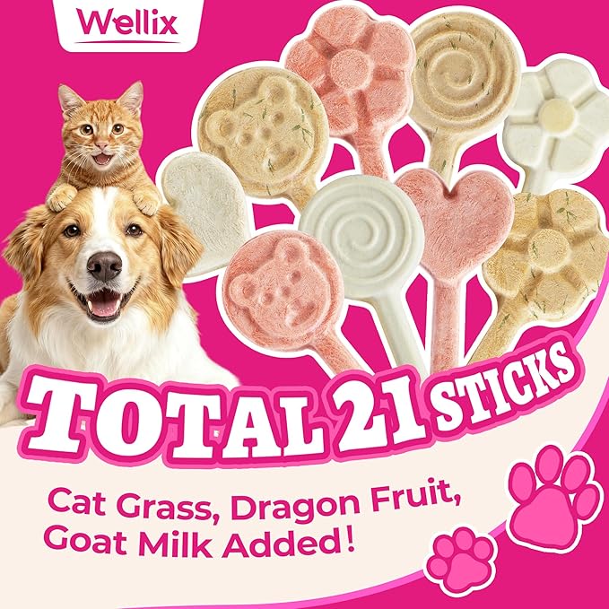 Wellix Freeze Dried Dog&Cat Treats - High Protein Chicken Recipe Lollipop Cat Treats - Three Flavors (Cat Grass, Dragon Fruit, Goat Milk) - Low Calorie Training Treats 21pcs