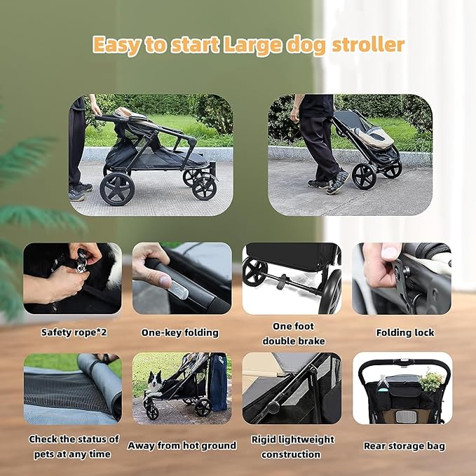 One-Click Folding Dog Stroller for 2 Dogs - 4 Wheel Jogger with Storage Pocket - Suitable for Pets Up to 110LBS (Beige & Grey)
