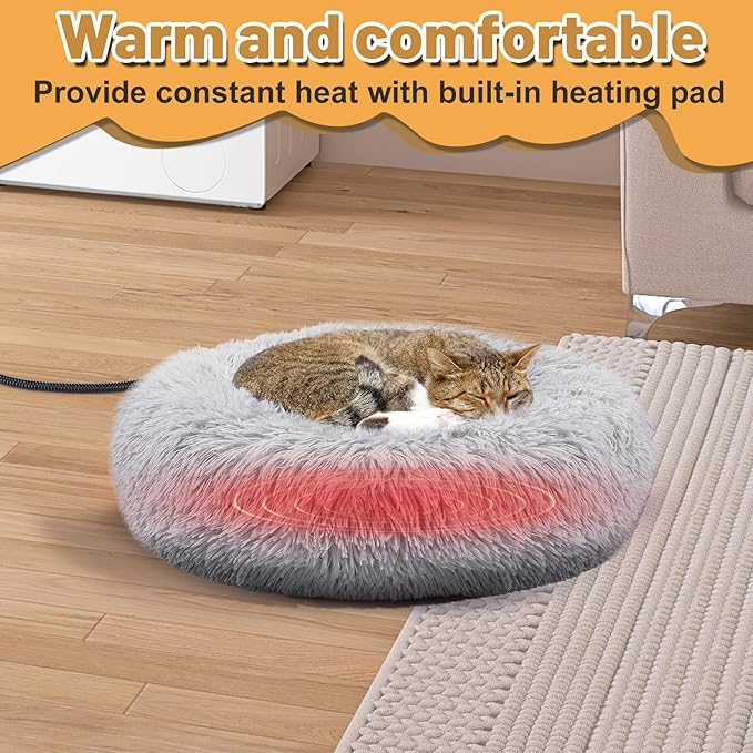 MEWTOGO 19.6in Heated Cat Bed for Indoor Cats - Soft Cozy Washable Cat Warming Bed with Cat Heating Pad, 6 Levels Adjustable Timer & Temp for Pets Up to 15lb Winter Resting and Cat Gifts