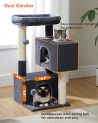 32" Cat Tree Tower for Indoor Cats - 2 Cozy Condos, Multi-Level Cat Scratching Posts with Sisal, Soft Padded Perch, 2 Dangling Toys, Dark Grey
